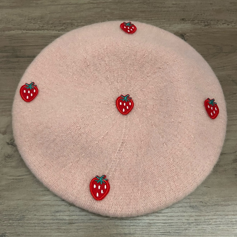 Pink Strawberry Wool Blend French Parisian Beret Hat Cap OSFM - Picture 6 of 7